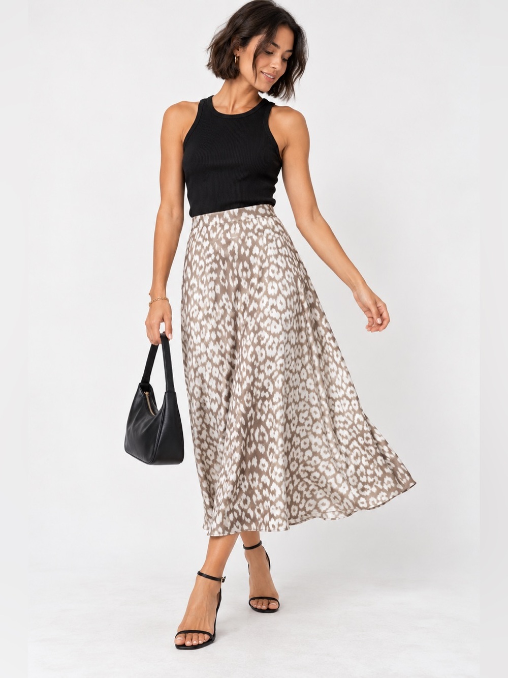 GANNI Leopard Print Satin A-Line Midi Skirt Beige White Size US 4
